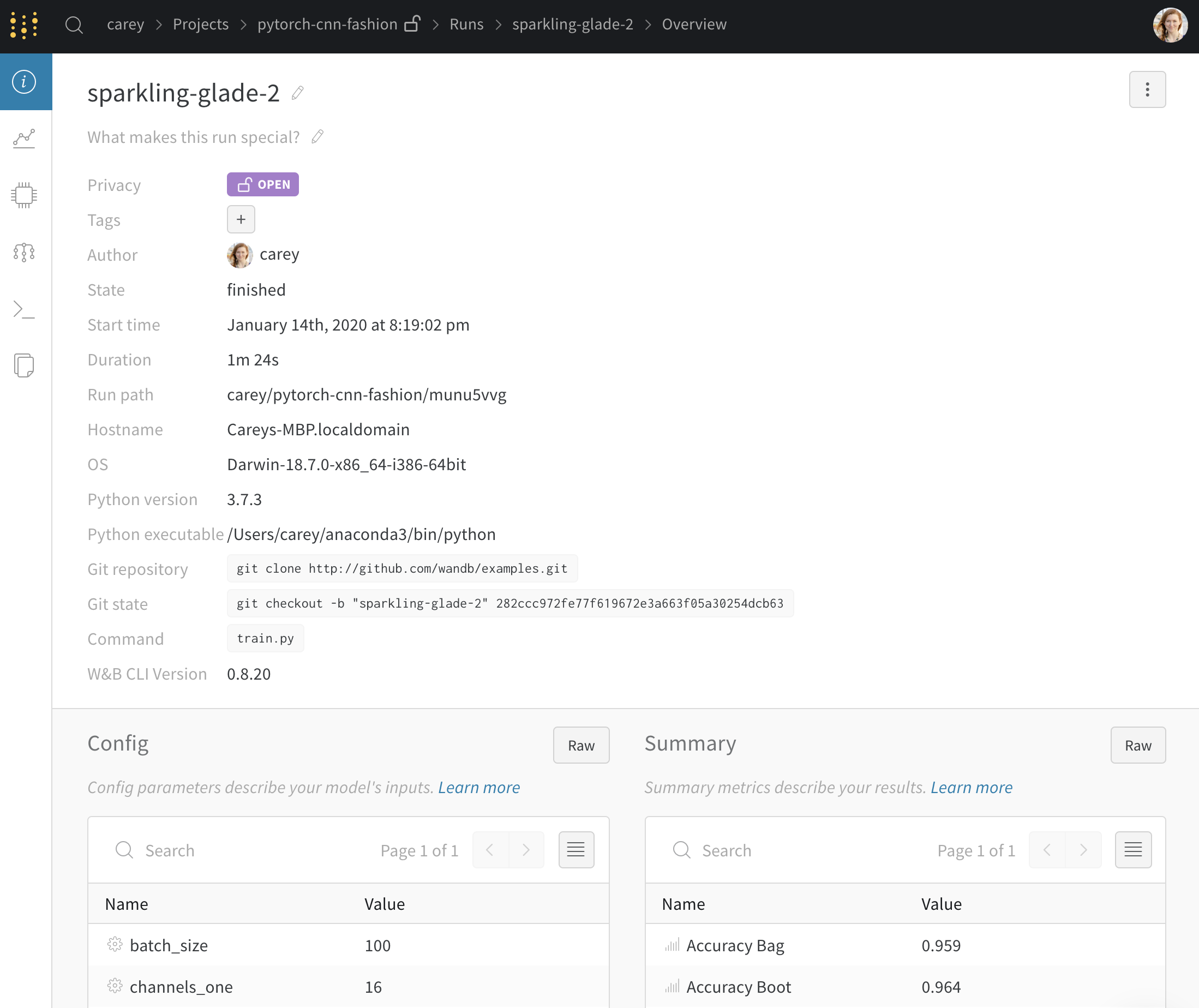 W&amp;B 대시보드 run overview 탭